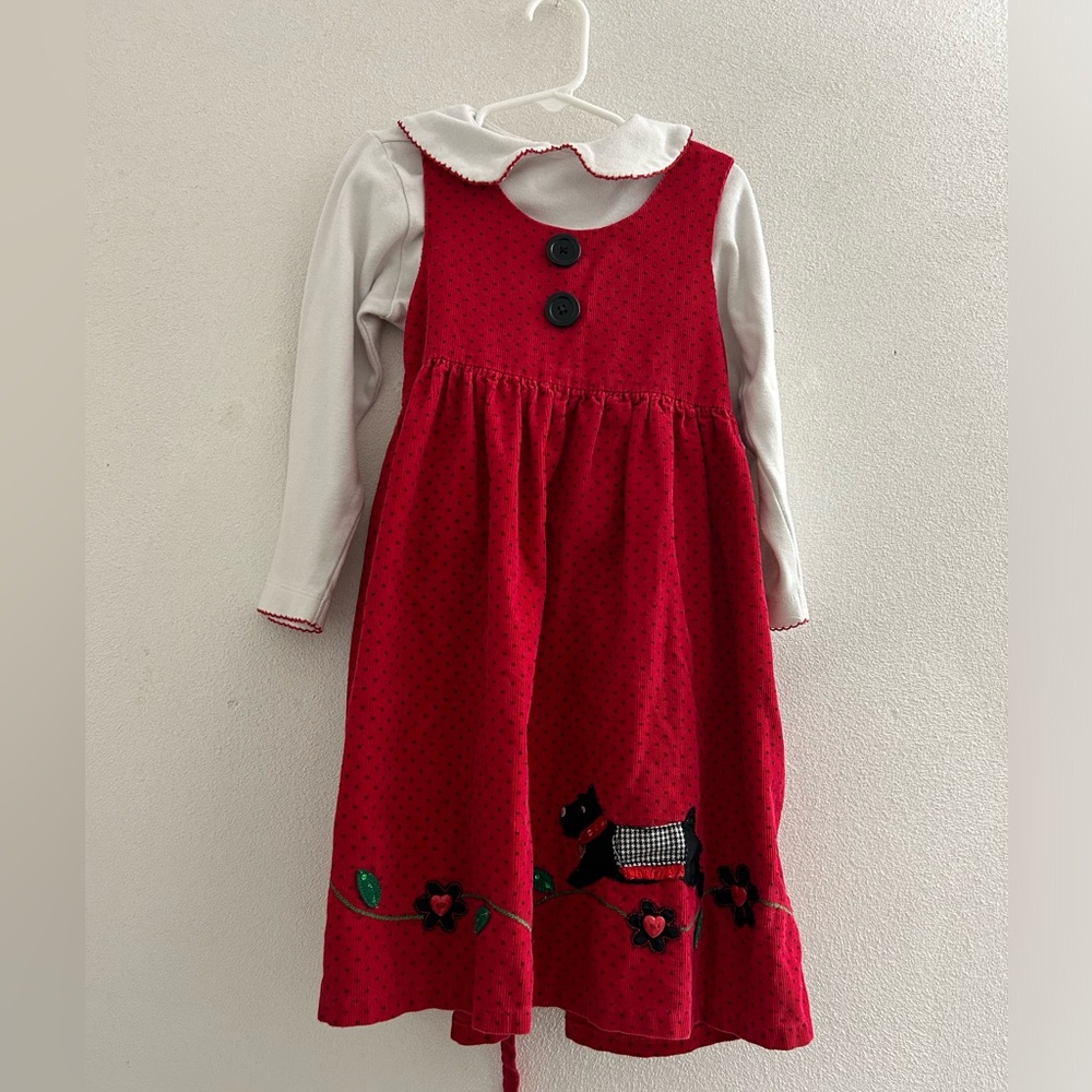 Vintage Red Kids Dress with Dog embroidery black polka dots. Girls size 6 / 6X